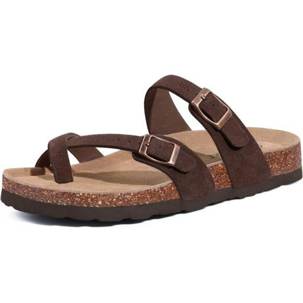 Suede Cork Footbed Sandals Women Adjustable Buckle Summer Comfort Slides